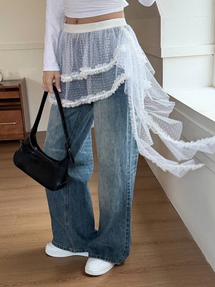 White Mesh Asymmetrical Frill Trim Layered Frill Trim Women's Skirt
