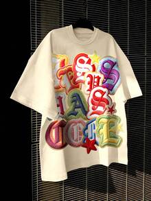 STEELVANCE 男士字母刺绣休闲圆领短袖T恤，夏季 - 杏色 - 查看 1