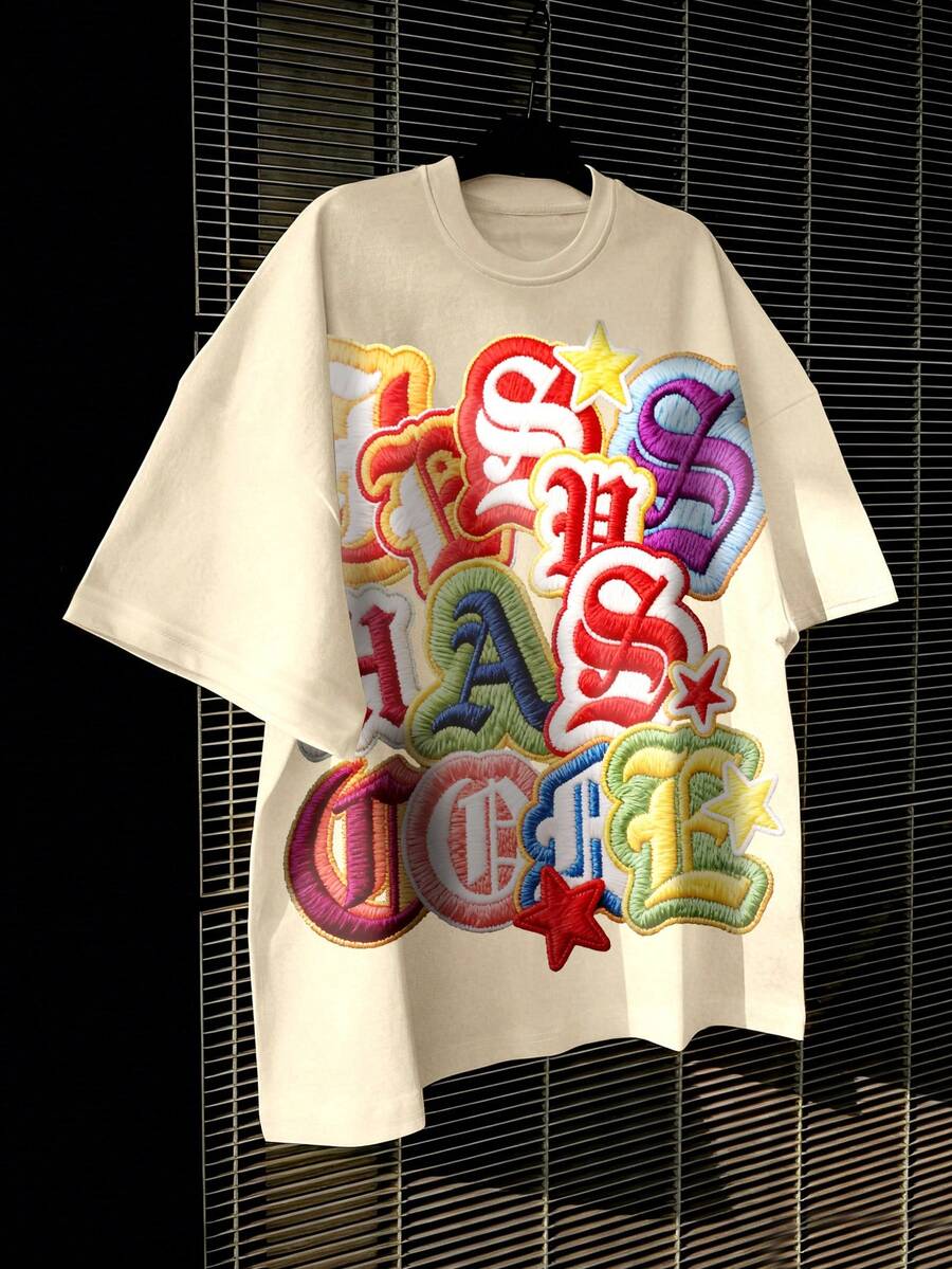 STEELVANCE 男士字母刺绣休闲圆领短袖T恤，夏季 - 杏色 - 查看 1