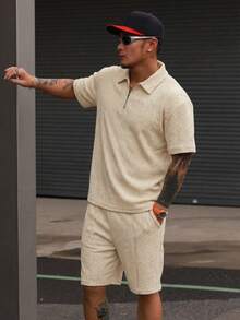 DAZY 男士杏色 Polo 衫和短裤套装，夏季 - 杏色 - 查看 3