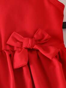 少女红色双层彼得潘领无袖束腰蝴蝶结樱桃印花连衣裙，时尚夏季海滩度假风 - 紅色 - 查看 7