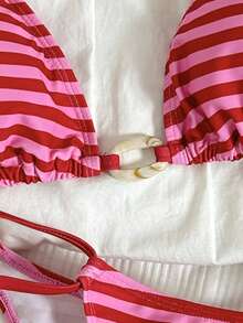 Swim Mod 2pcs Women's Bikini Set, Halter Neck Adjustable Tie Waist Watermelon Striped Print Swimsuit, Bohemian Style Beach Club Vacation Outfit, Sweet Mature Retro Elegant - Red - View 5