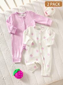 SHEIN Bộ quần áo 2 món cho bé gái sơ sinh, áo liền quần dài tay in hình dâu tây dễ thương và thoải mái, chất liệu vải dệt kim mềm mại, co giãn, cài nút dễ dàng, phù hợp cho mùa xuân/thu, 0-9 tháng tuổi, màu hồng và trắng. - Màu tím - Xem 1