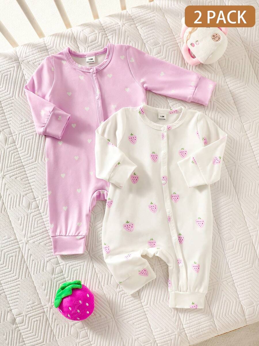 SHEIN Bộ quần áo 2 món cho bé gái sơ sinh, áo liền quần dài tay in hình dâu tây dễ thương và thoải mái, chất liệu vải dệt kim mềm mại, co giãn, cài nút dễ dàng, phù hợp cho mùa xuân/thu, 0-9 tháng tuổi, màu hồng và trắng. - Màu tím - Xem 1