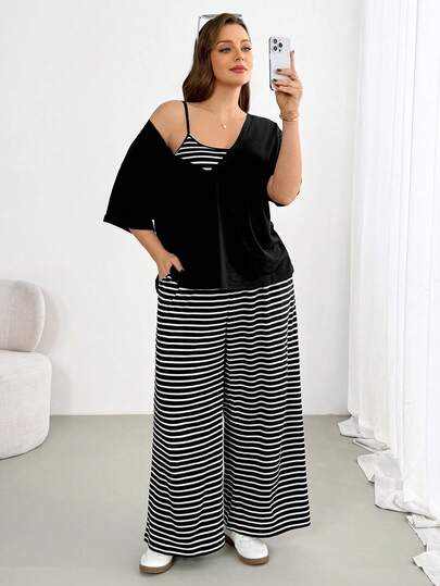 Shapeblank 大码女装春夏时尚休闲宽松舒适日常黑色短袖T恤和绿色几何印花短裤两件套，夏季服装，度假装