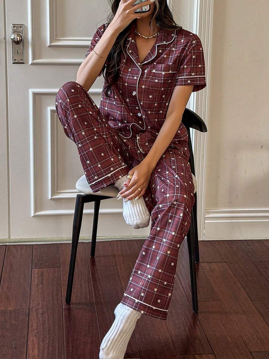 SHEIN 女士休闲格子星形印花翻领开衫和裤子睡衣套装 - 咖啡棕 - 查看 1