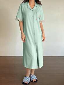 DAZY Vestido camisero largo con estampado floral y manga corta, ropa de dormir para mujer - Verde - Ver 3