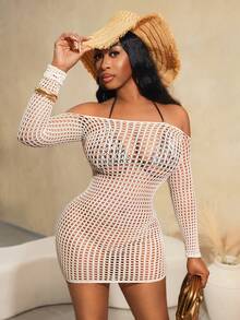 BamGleam Women's Sexy Hollow Out Sheer Off-Shoulder Mesh Bodycon Mini Dress - White - View 8