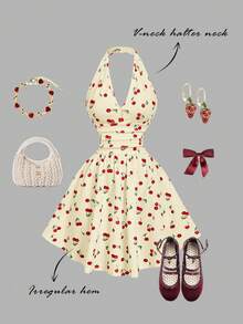 SHEIN MOD Đầm nữ cổ yếm, eo nhún, in hình quả anh đào - Vàng nhạt - Xem 2