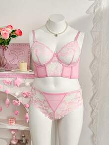 PetitDoll 4pcs Plus Size Sexy & Cute Lace Patchwork Mesh Underwear Set With Underwire Wedding - Pink - View 3
