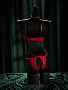 SpicyHot 4pcs/Set Romantic Lace Crotchless Sexy Lingerie Set - Red - View 10