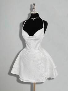 SHEIN ICON 提花面料露背系带迷你连衣裙 - 白色 - 查看 4