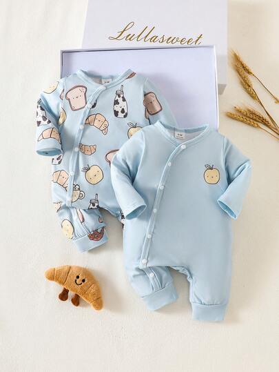 SHEIN 2 Pieces Set Of Cartoon Printed Long Sleeved Jumpsuit For Newborns And Boys, With Comfortable And Simple Fabric Suitable For Home Gifting