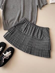 Muvela Spring/Summer New Black Polka Dot Print Grey Pleated Layered Hem A-Line Skirt, Retro Academic Chic Commuter Wear - Grey - View 6