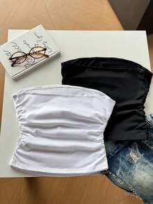 Tseoso 2pcs/Set Women's 95% Cotton Solid Color Simple Comfortable Ruched Camisole Tops - Multicolor - View 2