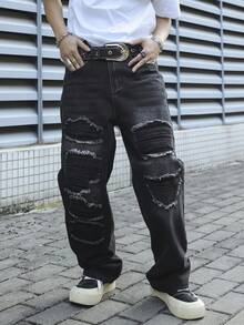 Manfinity EMRG Men's Black Distressed Patch Loose Wide Leg Jeans, Streetwear - Black - View 7