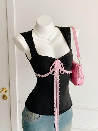 Comfortcana Women's Summer Casual Vacation & Commute Sweetheart Neck Chest Ruched Contrast Lace Twist Slim Fit Camisole