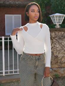 Yess Loren 女式镂空扭结高领长袖 T 恤，羊毛衬里，秋冬 - 白色 - 查看 3