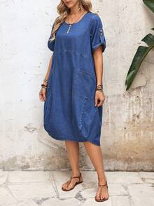 EMERY ROSE Women's Loose Everyday Denim Dress With Pockets - Medium Wash - View 3