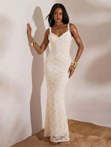 Opulessa 女士度假纯色针织蕾丝修身连衣裙 - 白色 - 查看 4