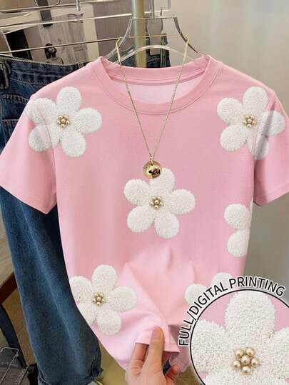 Resyla Women's Allover Floral Print Casual T-Shirt, Cute Flower Pattern Y2K Street Style, Back To School Tee, Vacation Leisure Floral