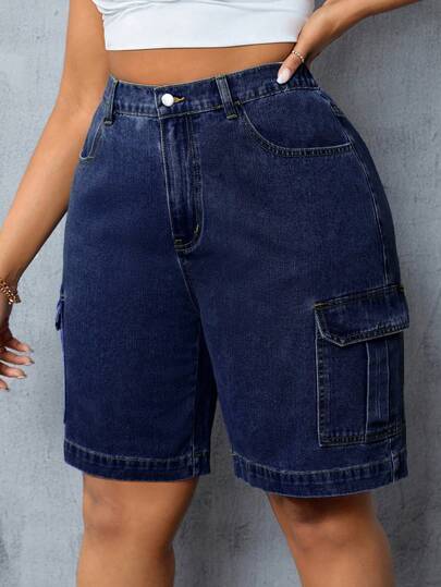 SHEIN CURVE+ Plus Size Women's Cargo Pocket Casual Versatile Denim Shorts