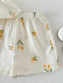 女宝宝可爱度假风花卉图案蝴蝶结装饰吊带背心和松紧腰裤套装 - 黃色 - 查看 7