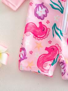 SHEIN Newborn Baby Floral Print Beach Romper Shorts,Summer Girl Rashguard Swimsuit Rash Guards For Girls Bathing Suit Long Sleeve - Pink - View 7
