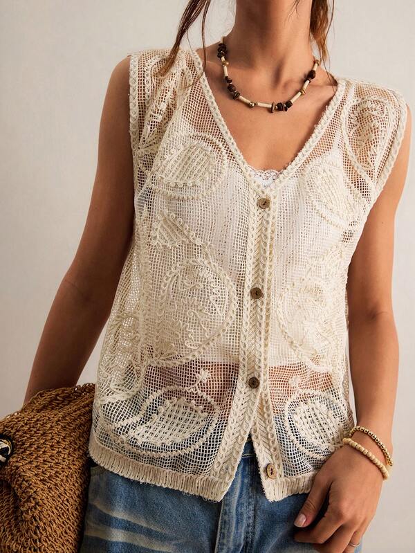 Freevana Bohemian Vintage Crochet Hollow Vest, Beige V-Neck Single-Breasted Cashew Flower Design, Spring Layering Sleeveless Top For Women