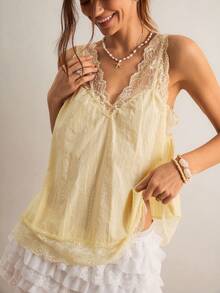 Freevana Women's Pale Yellow Summer Elegant Tea Party Boho Deep V-Neck Lace Trim Cotton Textured Loose Cami Top Sleeveless Babydoll Vintage Blouse - Pale Yellow - View 10
