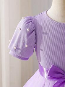 SHEIN Glamorique Kids Young Girl' Elegant Elegant Luxurious Purple Pearl Puff Sleeve Cinched Waist Gorgeous Soft Double-Layer Tulle Purple Butterfly Design Puff Dress Formal Gown Butterfly Embroidery Dress Princess Dress Rumi Hunters Girls Lavender Dresses Kids Party Dress Purple Butterfly Dress - Purple - View 6