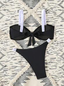 Bonvoyette Black & White Contrast Color Bikini Set, Shoulder Strap Pleated Front With Metal Back Accessory - Black and White - View 3