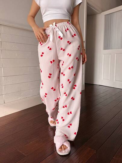 SHEIN Napfluff Pantalones de pijama de mujer con lazo decorativo y estampado de corazones a rayas