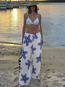 Aloruh 2026年春夏女装低腰休闲海星印花裤 - 藍色 - 查看 8