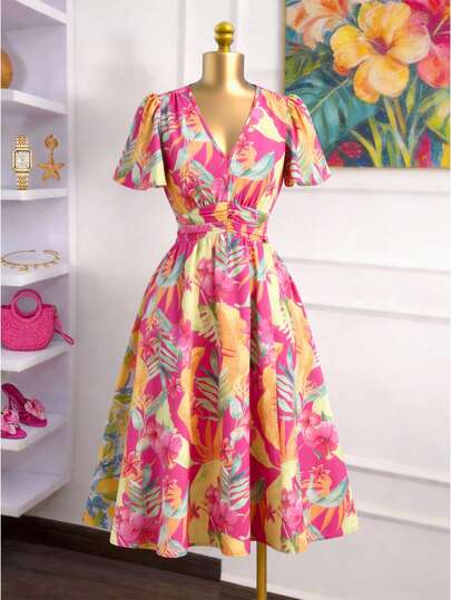 Ellevyn Women's V-Neck Short Sleeve Ruched Waist A-Line Tropical Plant Print Split Hem Elegant Everyday & Vacation Midi Dress, Spring/Summer Tropical Plant Print, Waist-Cinching A-Line, V-Neck Short Sleeves, Side Slit, Women's Spring And Summer Clothing, Mid-Length Dress Spring And Summer Vacation Outfits, Vacation Dresses