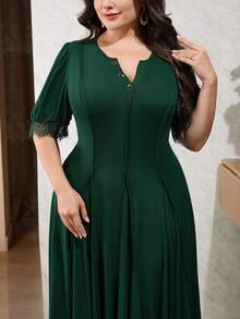 Modelyn Plus Size Women V-Neck Lace Patchwork Ruffle Casual Party Dress Elegant Dress For Women Zanzea Dress For Women Plus Size - Dark Green - View 6