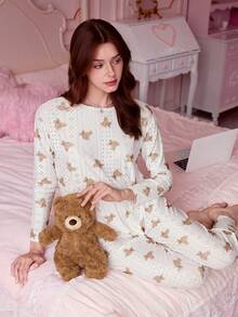 Bonmuse 两件套女士圆领长袖上衣+松紧腰裤睡衣套装 - 白色 - 查看 4