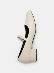 女士3厘米布面包跟黑色时尚百搭藏蓝色、咖啡色、酒红色低跟粗跟优雅玛丽珍平底鞋 - 杏色 - 查看 10