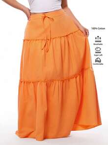 Solavibe 大码休闲纯色前系结荷叶边下摆半身裙 - 橘色 - 查看 7
