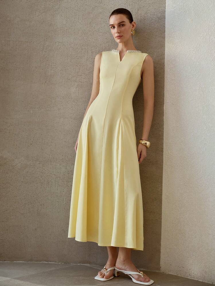 SPRING/SUMMER NEW NOTCH NECK SLEEVELESS WAIST GATHERED A-LINE RHINESTONE CINCHED WAIST ELEGANT DRESS FOR WOMEN