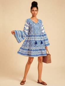 Travachic Women Boho Folk Custom Blue And White Smock Short Dress With Ruffle Hem And Flare Long Sleeves - Blue and White - View 4