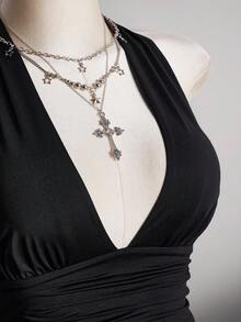 SHEIN ICON Áo camisole chấm bi hở lưng cổ chữ V eo thon dáng chữ A cỡ lớn, áo camisole chấm bi hở lưng kiểu retro Y2K, áo babydoll chấm bi hở lưng. - màu đen - Xem 10