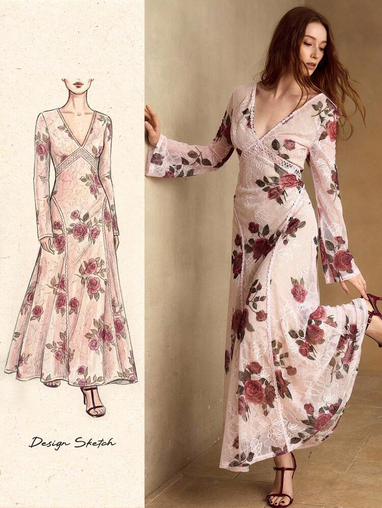 WOMEN'S V-NECK LACE OVERLAY FLORAL PRINT LONG DRESS, SPRING/SUMMER