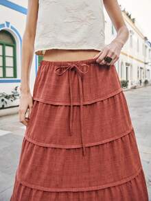 Nöista Rust-Colored Maxi Skirt Features Tiered Layers And A Comfortable Drawstring Waist. Boho-Inspired Looks, Spring, Summer, Festival, . - Rust Brown - View 6