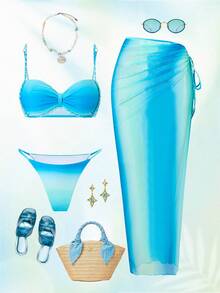 Swim Oasis 2026春夏新款可调节编织肩带蓝色渐变侧边编织设计三件套女士时尚比基尼泳装套装 - 藍色 - 查看 3