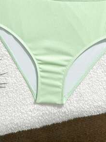 SHEIN Tween Girls Tankini 2-Piece Swimwear Set, Mint Green Ribbed Fabric Camisole Top With Adjustable Shoulder Straps, Seashell & Starfish Decor, Matching Triangle Bottoms, Cute Beach/Pool/Vacation Outfit For Summer High Waist Swimwear Set Modest Bikini Set Bathing Suit Set Swimwear Girls Set Swimwears Green High Waist Swimsuit Set Swimsuits For Teen Girls Green - Green - View 5