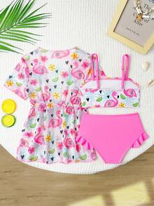 Baby Girls' Swimwear Set: Cute Pink Flamingo Lemon Flower Pattern, Knitted Fabric, Tank Top, Pants, And Jacket. Three-Piece Set, Stylish And Chic, Perfect For Swimming, Summer Vacations, Beach Outings, Pool Parties, And Leisure Trips Baby Swimsuit Girl 3 Piece Set Baby Girl Two Piece Swimming Clothes Toddler 2 Pc Swimsuit Swimwear For 2 Years Old Girl Flamingo Print Swimwear - Pink - View 2