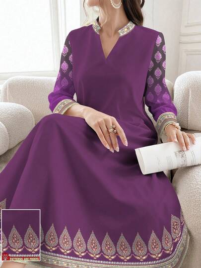 SHEIN Najma Purple Cashew Flower Pattern Print V-Neck Slit Hem Long Sleeve Maxi Floral Dress, Elegant Arabic Style Outfit For Spring/Summer, Suitable For Vacation, Holiday And Daily Wear