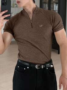 DAZY 男士字母刺绣插肩袖修身T恤，夏季款 - 棕色 - 查看 5