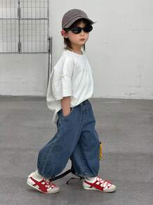 DAZY 男童休闲口袋纽扣牛仔裤，百搭日常穿着 - 中等水洗藍 - 查看 4